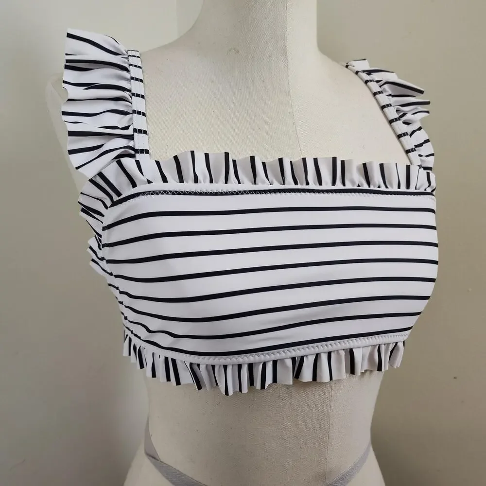 Beachsissi Bikini Top Womens Medium White Stripe Ruffle Strap Nautical Swim